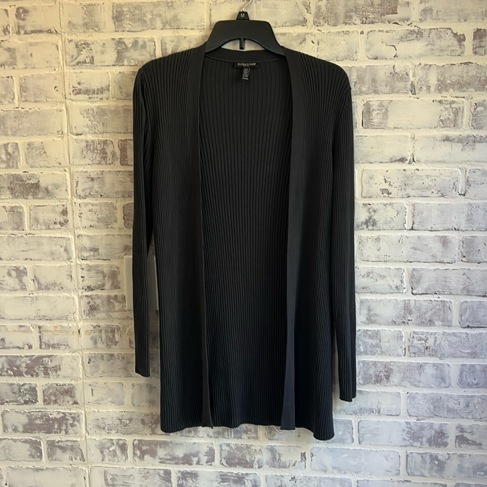 Eileen Fisher Cardigan Women PM Gray Open Front Long Ribbed Lightweight Sweater
